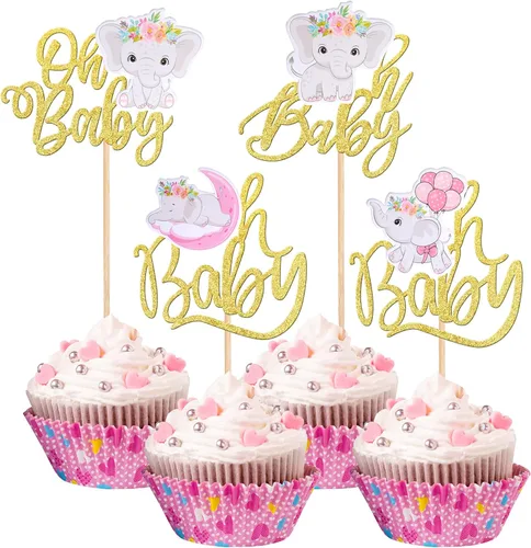 Miniatura 10 de Paquete de 24 decoraciones para cupcakes de elefante Oh Baby con purpurina para decoración de cupcakes de elefante Oh Baby Baby para cumpleaños