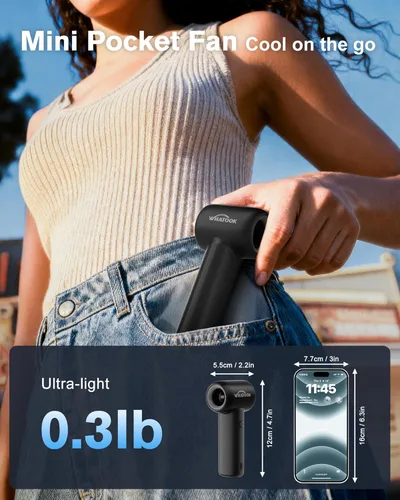 Miniatura 5 de WHATOOK Ventilador de mano portátil, mini ventilador turbo de alta velocidad con 5 velocidades, ventilador personal recargable USB-C de 3000 mAh