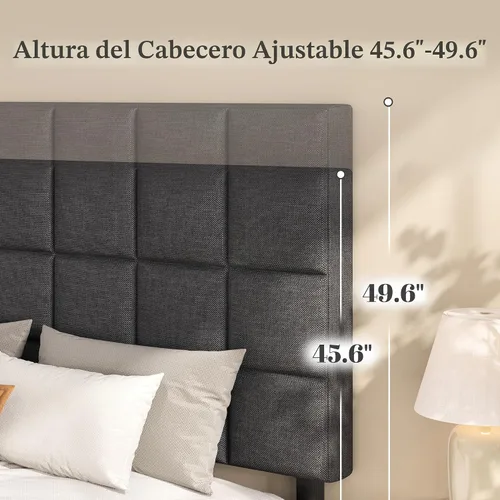 Miniatura 4 de Fluest Base de cama de plataforma completa con cabecero alto tapizado de lino, no necesita somier, esponja EVA antirruido, fácil montaje, envío