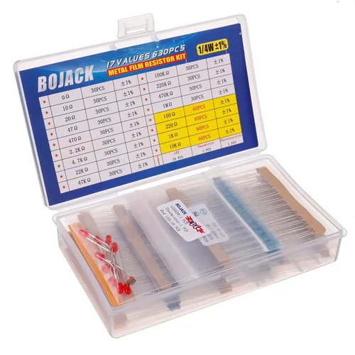 Miniatura 2 de BOJACK Kit de resistencia de 17 valores de 630 piezas, 0 Ohm-1M Ohm con 1% 1/4W Kit surtido de resistencias de película metálica