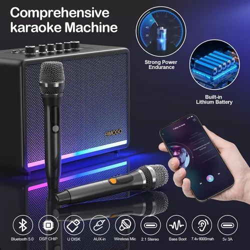 Miniatura 3 de Altavoz Bluetooth portátil con 2 micrófonos inalámbricos, gabinete de madera de abedul de graves profundos de 70 W, sistema PA Bluetooth para Negro