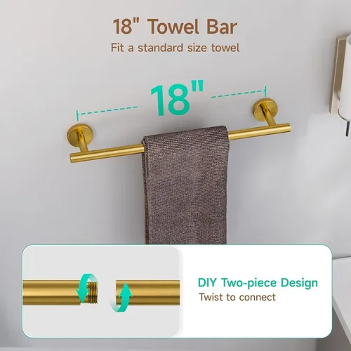 Miniatura 3 de USHOWER Juego de accesorios de baño de oro cepillado, juego de toallero de 18 pulgadas montado en la pared, juego de accesorios de baño de acero Oro
