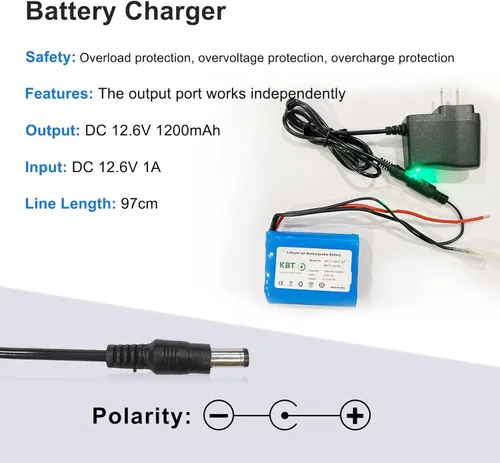 Miniatura 5 de KBT 12V 1200mAh Batería recargable de iones de litio, paquete de batería de repuesto con cables desnudos y cargador compatible para dispositivos