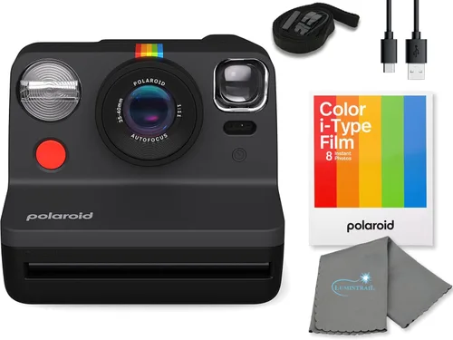 Cámara de Película Instantánea Polaroid Gen 2 Now I-Type - Kit Negro con un Paquete de Película i-Type a Color (8 Fotos Instantáneas) y un Paño de