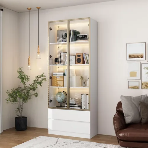 Miniatura 9 de Vitrina con luces, gabinete de vidrio con puertas y estantes de 4 niveles, vitrina para coleccionable, sala de estar, oficina, negro 31.5 pulgadas