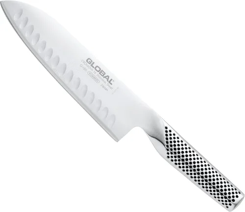Global Cuchillo Santoku de Filo Hueco de 7 pulgadas - Acero Inoxidable Japonés Ligero, Filo Afilado como Navaja, Fabricado en Japón, G-80