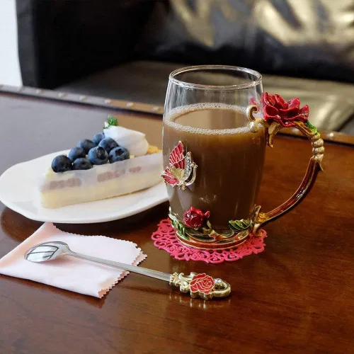 Miniatura 2 de Regalos de Cumpleaños para Mujeres, Taza de Té de Vidrio con Flor de Mariposa Esmaltada Taza de Café Roja Rosa, Regalos Lindos para Mamá Abuela Rojo