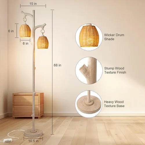 Miniatura 7 de Scenekoy Lámpara de pie rústica de 68 pulgadas de alto, para tronco de árbol, columna de madera sintética, pantalla de tambor de mimbre lavado