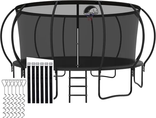 Miniatura 10 de Trámpolines de 1500 libras 8 10 12 14 15 16 pies para niños y adultos con red de protección, estacas para viento, aro de baloncesto, trámpolines