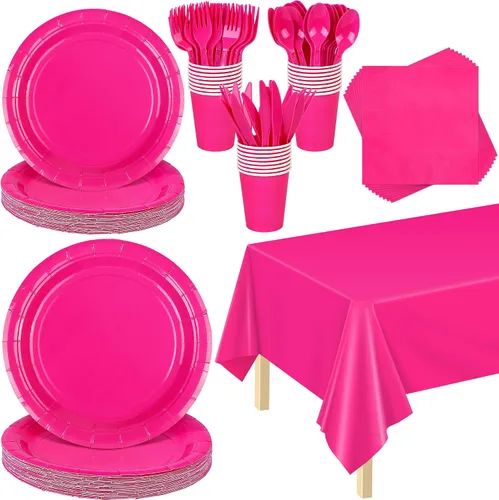 ADXCO - 169 piezas de suministros para fiestas, color rosa intenso, incluye platos de papel, tazas, servilletas, tenedores, cuchillos, cucharas,