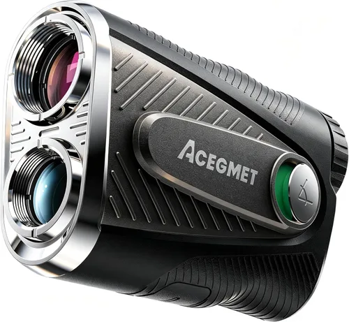 ACEGMET Telémetro de golf con modo pendiente y entrenador, telémetro láser de pantalla roja y negra, recargable híbrido, aumento 7X, vibración de