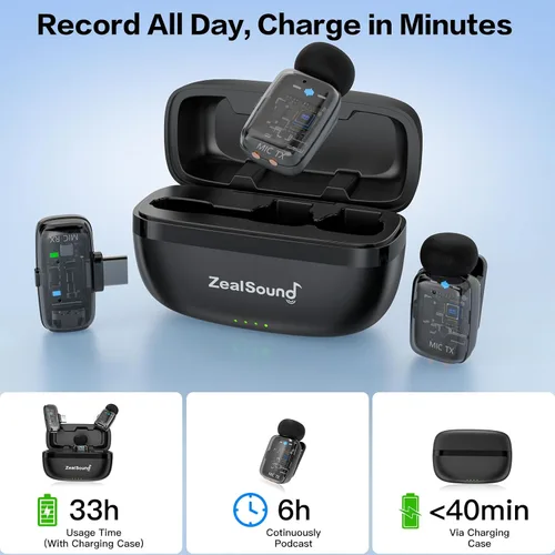 Miniatura 6 de ZealSound Micrófono TikTok, micrófono inalámbrico Lavalier para iPhone, iPad, Android (USB-C/Lightning), mini micrófono con funda de carga