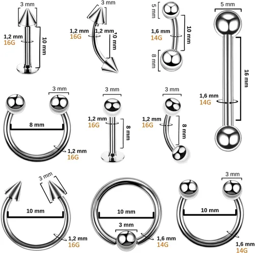 Miniatura 2 de BodyJ4You - Juego de 36 piezas PRO para piercings corporales - nariz, septum, oreja, cartílago, labio, ombligo, trago, ceja - acero quirúrgico 14G