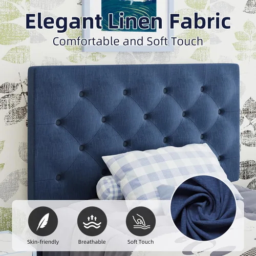 Miniatura 4 de BarnFurin Marcos de cama individual con cabecera capitoné con botones, cama de plataforma tapizada de lino con soporte de listones de madera, fácil