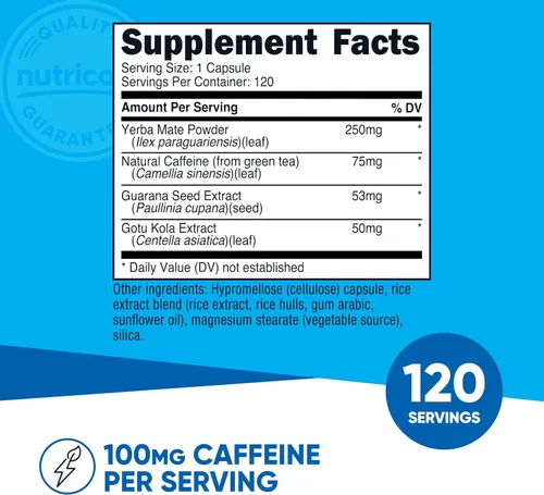 Miniatura 2 de Nutricost Natural Energy Pills Complex 120 cápsulas, 100 mg de cafeína, sin gluten, sin OMG