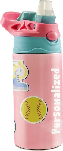 All-Star Sports – Diseño rosa – Botella de agua pequeña de 12 onzas con popote de silicona desplegable – Personalizar con nombre – Aislamiento de