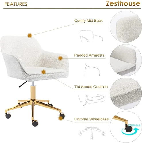 Miniatura 3 de Zesthouse Silla de escritorio moderna con ruedas, silla giratoria blanca para niñas y mujeres, silla tapizada para oficina en casa, sillón Boucle