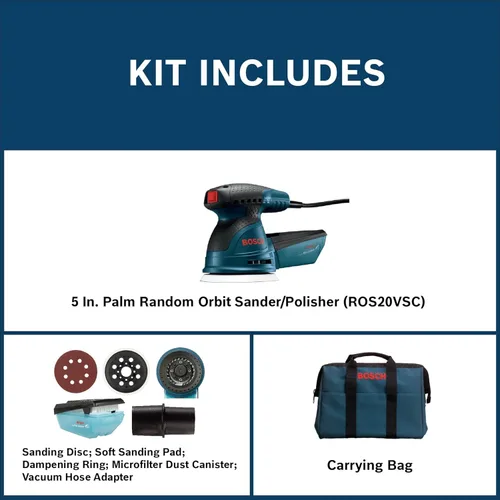 Miniatura 2 de BOSCH ROS20VSC lijadora palmar 2.5 Amp 5 pulgadas con cable, lijadora orbital aleatoria de velocidad variable, kit pulidor con colector de polvo