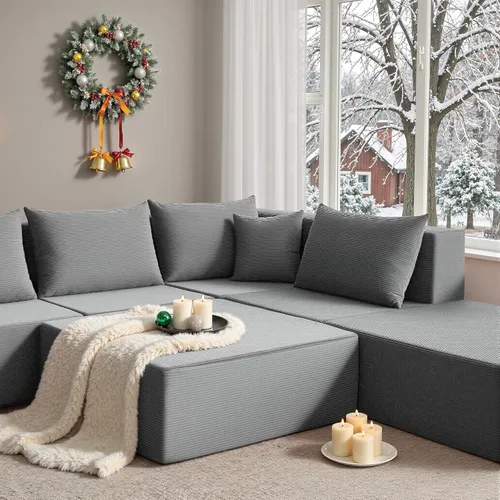 Miniatura 2 de YINIX Sofá cama modular de pana de 140 pulgadas, cómodo sofá de nube para sala de estar, sofá de piso de 6 piezas, combinación de compresión libre