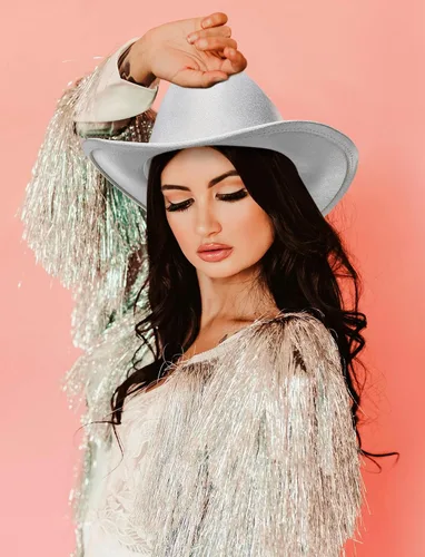 Miniatura 6 de Mealah Sombrero de vaquero holográfico brillante del oeste para mujer, sombrero de vaquera disco para boda, fiesta de disfraces musicales
