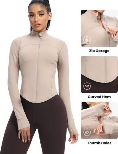Miniatura 53 de AVGO Chaquetas de entrenamiento recortadas para mujer, con cremallera, ajustadas, atléticas, con agujeros para el pulgar
