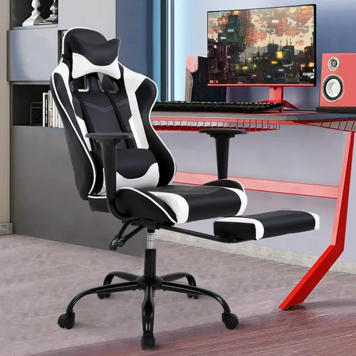 Miniatura 10 de Silla para videojuegos, silla reclinable de piel sintética con soporte lumbar, reposacabezas y respaldo alto, silla de oficina de carreras, silla