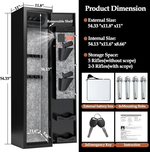 Miniatura 6 de KAER Caja fuerte para 5 armas, cajas fuertes para rifles y pistolas del hogar, caja fuerte para rifles, gabinete para armas, gabinetes para rifles