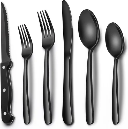 Miniatura 15 de EWFEN Juego de cubiertos negros de 24 piezas con cuchillos para carne, juego de cubiertos negros para 4, juego de cubiertos de acero inoxidable