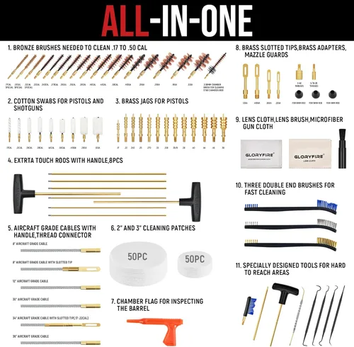 Miniatura 3 de GLORYFIRE Kit de limpieza de pistola, kit de limpieza de pistola para todas las pistolas con cepillos de latón de alta gama, trapeadores, jags