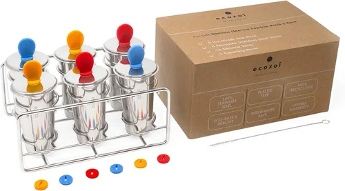 Ecozoi Moldes de paletas de acero inoxidable, 6 máquinas de paletas de hielo, 6 varillas de acero inoxidable, 12 sellos de silicona y 1 cepillo de
