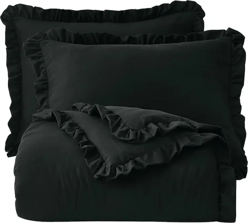 Miniatura 8 de Chezmoi Collection Nora - Juego de edredón negro tamaño King de 3 piezas, esponjoso, suave, lavado a la piedra, con volantes, ropa de cama Shabby