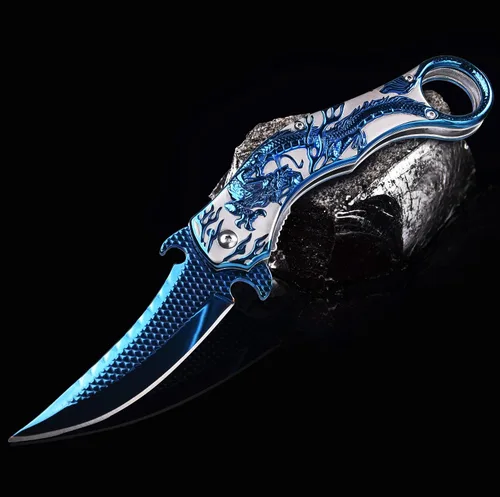 Miniatura 2 de Vividstill Cuchillo de bolsillo para hombres, cuchillo plegable genial con relieve de dragón azul en 3D, gran regalo de cuchillo EDC para hombres