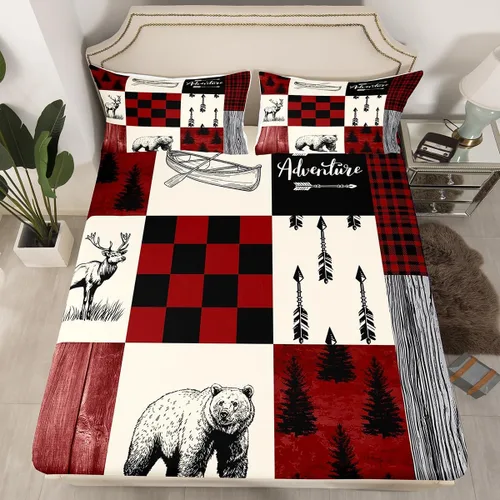 Miniatura 3 de Rustic Lodge - Juego de sábanas tamaño individual con diseño de oso y alce, diseño de retazos, color rojo y negro, a cuadros, ropa de cama de Multi