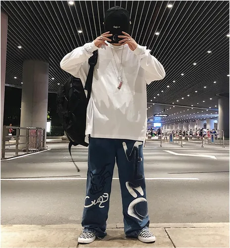 Miniatura 4 de Y2K Jeans - Pantalones de mezclilla para hombre, estilo hip hop, vintage, grafiti, dibujos animados, anime, pantalones de mezclilla góticos, rectos