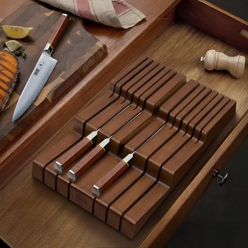 Miniatura 6 de HOSHANHO Bloque de cuchillos en el cajón, organizador grande de cajones de cuchillos de bambú para 12 cuchillos, soporte para cuchillos de cocina