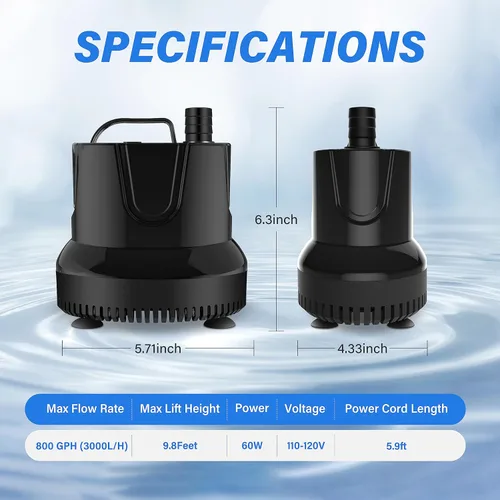 Miniatura 2 de YSSOA Bomba de agua sumergible de 800 GPH (3000 L/H, 60 W) con succión inferior, elevación de 9.8 pies de altura, 3 boquillas, ideal para pecera
