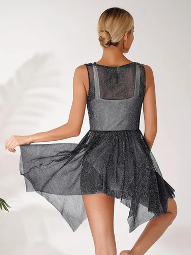 Miniatura 3 de Vestido de baile sin mangas con cuello drapeado y lentejuelas de malla para mujer, vestido de baile lírico