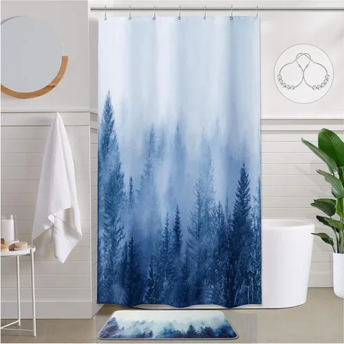 Miniatura 23 de ORTIGIA 36x72 Cortina de ducha de bosque nebuloso para baño pequeño, cortina de ducha estrecha de naturaleza y bosque en blanco y negro con ganchos