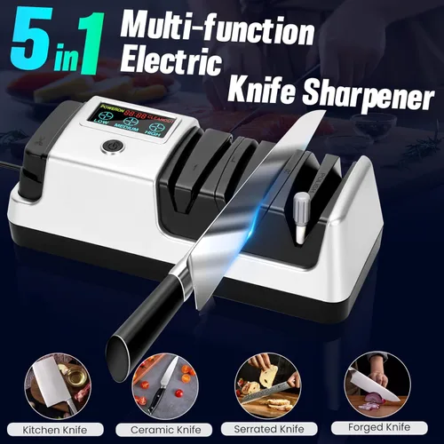 Miniatura 5 de Afilador de cuchillos eléctrico 5 en 1 para cuchillos de cocina, 3 velocidades ajustables, afilador de cuchillos 100% diamante para cuchillos