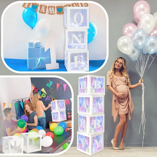 Miniatura 6 de Sratte Caja de globos con letras y números, cajas de bloques transparentes con luces LED para decoración de fiesta de ducha, cumpleaños, boda, Blanco