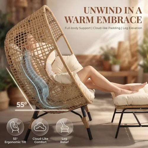 Miniatura 7 de NICESOUL Silla con forma de huevo de mimbre con otomano, silla de salón con cesta de huevo para interior y exterior con cojín, asiento de huevo