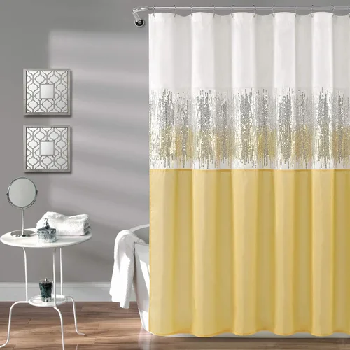 Lush Decor Cortina de ducha Night Sky, individual, 72" An x 72" L, blanco y amarillo, cortina de ducha de lentejuelas, cortina de baño de bloque de