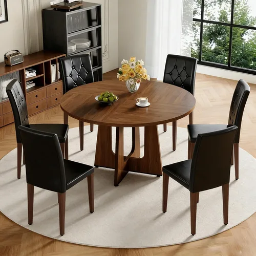 Miniatura 9 de Juego de mesa de comedor redonda de 47 pulgadas para 4, mesa de grano de madera de nogal y 4 sillas tapizadas de piel sintética negra, juego de mesa