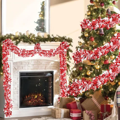 Miniatura 4 de FOIMAS Guirnalda de oropel de Navidad de 33 pies, guirnalda colgante metálica trenzada de copo de nieve rojo para árbol de Navidad, chimenea