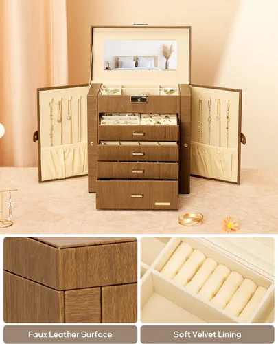 Miniatura 15 de Homde Regalos de Navidad de cuero sintético, enorme joyero, organizador de reloj con espejo, collar, anillo y aretes, estuche de regalo con Dorado