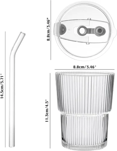 Miniatura 2 de Vaso de vidrio de 13 oz/13.5 fl oz con popote y tapa, tazas verticales acanaladas para café helado, vaso de pared gruesa, vaso de agua