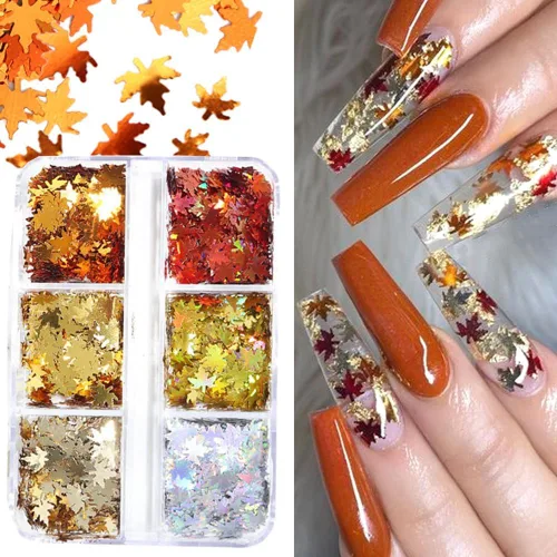 Miniatura 5 de Juego de manicura con diseño de hojas de arce, con purpurina, holográfica, para otoño, con lentejuelas, para otoño, Acción de Gracias, decoración