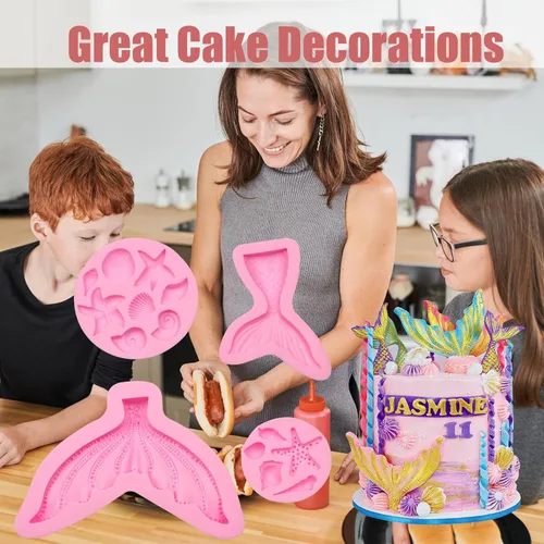 Miniatura 5 de Moldes de fondant con temática marina, 4 piezas, cola de sirena, concha, estrella de mar, para hornear, chocolate, moldes de silicona