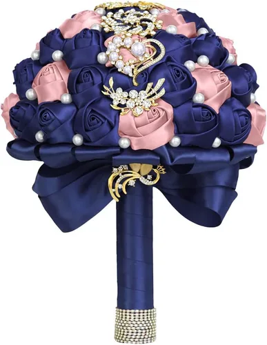 Miniatura 4 de XINNI Broche de oro de lujo de 8 pulgadas, ramo de boda nupcial para novia, dama de honor, ramo de rosas de satén con perlas, color negro y gris