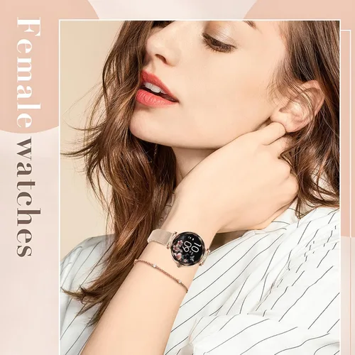 Miniatura 5 de Reloj inteligente para mujer Android/iOS, IP68, impermeable, con llamadas Bluetooth, recordatorio menstrual femenino (2 correas doradas)